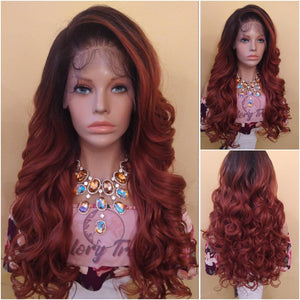 Curly Lace Frontal Wig Pre-Plucked HD Lace Wig Yaki Human Hair Blend Wig Ombre Copper Red For Women 13X6 Free Parting Glory Tress- PRINCESS