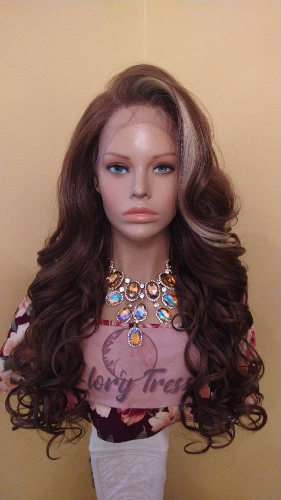 Human fashion hair blend lace front ombré brown curly wig