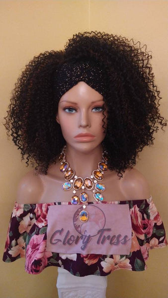 Headband Half Wig With Free Crochet Headband Kinky Curly Wig Black Wig Auburn Highlights Glory Tress African American Wig - PROSPERITY