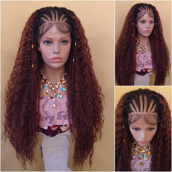 Curly Lace Front Wig | Ombre Copper Red | Hand-Braided Wig Fulani Tribal Braided African American Wig 13x4 Free Parting Glory Tress - SHEBA