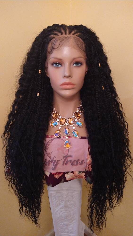 Braided Wig:Fulani braids cornrow. Lace front wig. burgundy
