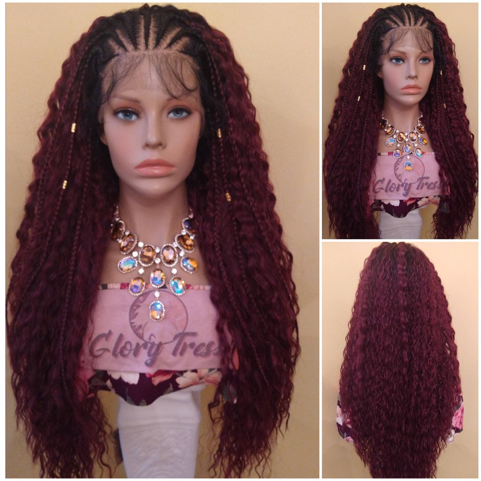 Curly Lace Front Wig Ombre Burgundy Hand-Braided Wig Fulani Tribal