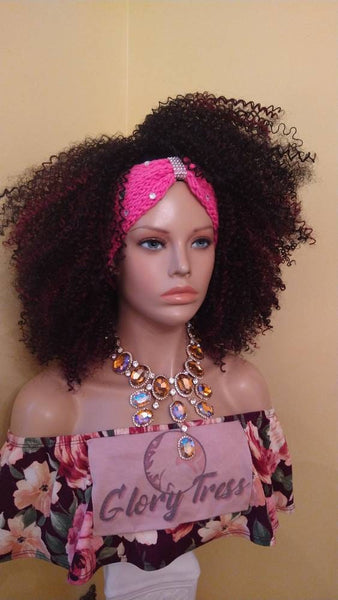 Headband Half Wig With Free Crochet Headband Kinky Curly Wig Black Wig Burgundy Highlights Glory Tress African American Wig - PROSPERITY