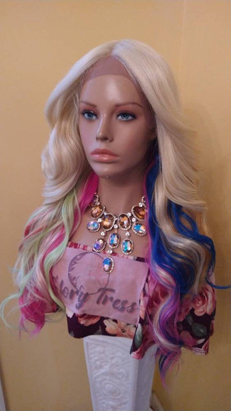 Wavy Lace Front Wig, Wig, Ombre Blonde/ Rainbow Wig, Glory Tress, Wig, Unicorn Haircolor, Cosplay Wig, Heat Safe // DIVA