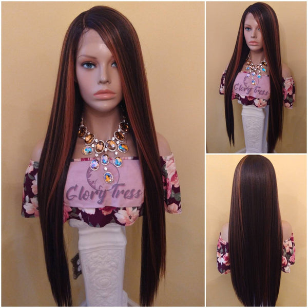 Lace Front Wig Wig With Copper Highlights Straight Wigs For Women HD Lace Wig Alopecia Chemo Wig Glory Tress - FIERCE