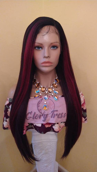 Lace Front Wig Wig Ombre Burgundy Highlights Straight Wigs For Women HD Lace Wig Alopecia Chemo Wig Glory Tress - RUBIES