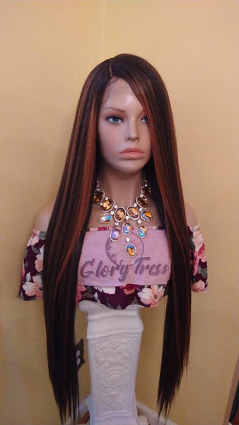 Lace Front Wig Wig With Copper Highlights Straight Wigs For Women HD Lace Wig Alopecia Chemo Wig Glory Tress - FIERCE