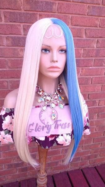 Blonde & Blue Lace Frontal Wig Straight Wig With HD Lace Human Blend Wig 13x4 Free Parting Glory Tress Wigs Alopecia Wig - SKY