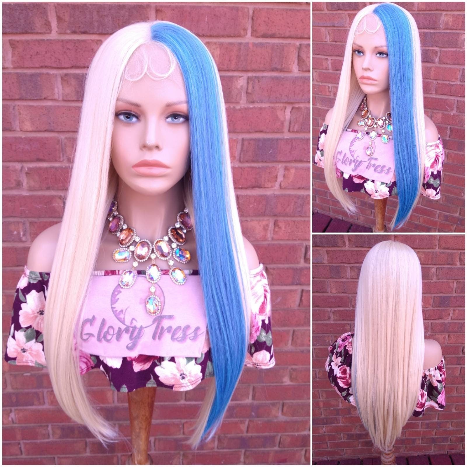 Blonde & Blue Lace Frontal Wig Straight Wig With HD Lace Human Blend Wig 13x4 Free Parting Glory Tress Wigs Alopecia Wig - SKY