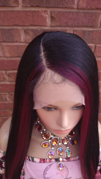 Lace Front Wig Wig Ombre Burgundy Highlights Straight Wigs For Women HD Lace Wig Alopecia Chemo Wig Glory Tress -RUBY