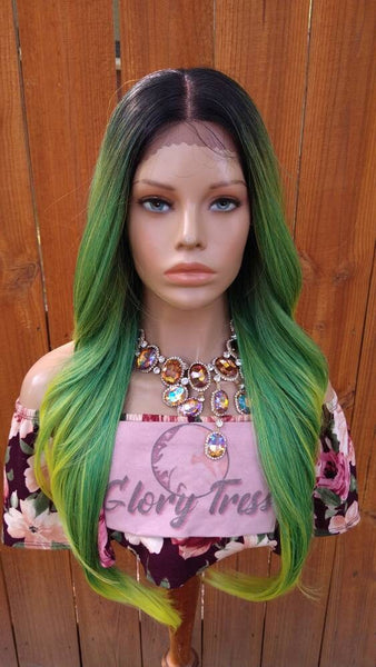 Straight Lace Front Wig, Human Hair Blend, 13X4 Free Parting, HD Lace Frontal, Glory Tress, Green Wig // DINERO