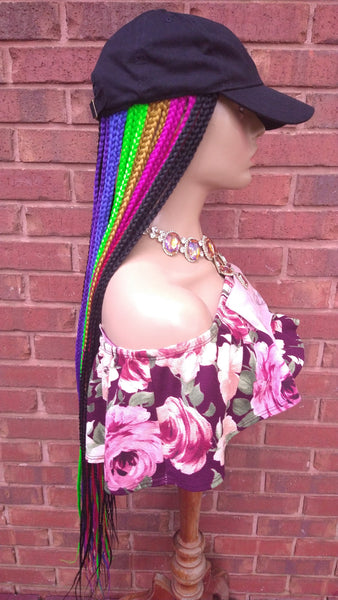 Braided Hat Wig, 35" Long Rainbow Box Braids, Throw On An Go Wig, Black Braided Wig, African American Hairstyle //JUSTICE