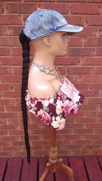 Ponytail Hat Wig, 40" Long Whip Braided Yaki Texture Ponytail, Throw On An Go Wig, Black Ponytail, African American Hairstyle //WHIP
