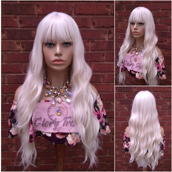 China Bangs Full Wig, #60 White Platinum Blonde Wig, Long Wavy Wig,  Blonde Wig //EGYPTIAN QUEEN