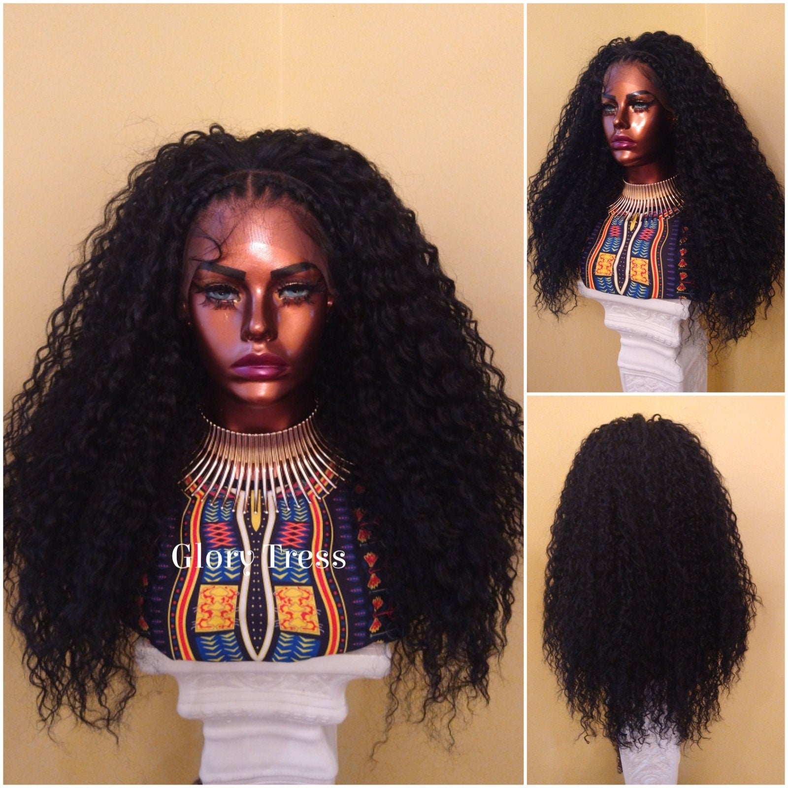 Braided Curly Lace Front Wig | HD Lace Human Hair Blend Wig | African American Wig | Curly Black Wig | Glory Tress -TRIBAL QUEEN