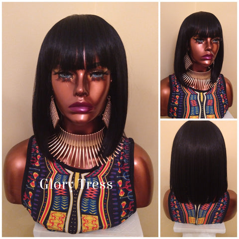 Egyptian Bob Wig | 100% Human Hair Blend Wig | Straight Full Wig | China Bob Wig With Bangs | African American Wig / EGYPTIAN QUEEN