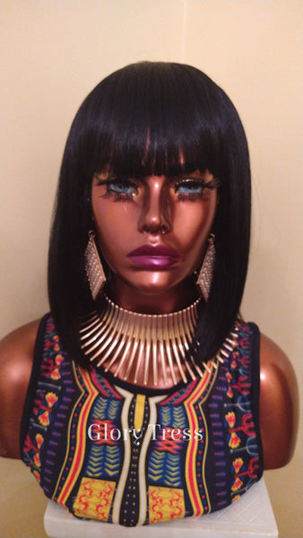 Egyptian Bob Wig | 100% Human Hair Blend Wig | Straight Full Wig | China Bob Wig With Bangs | African American Wig / EGYPTIAN QUEEN