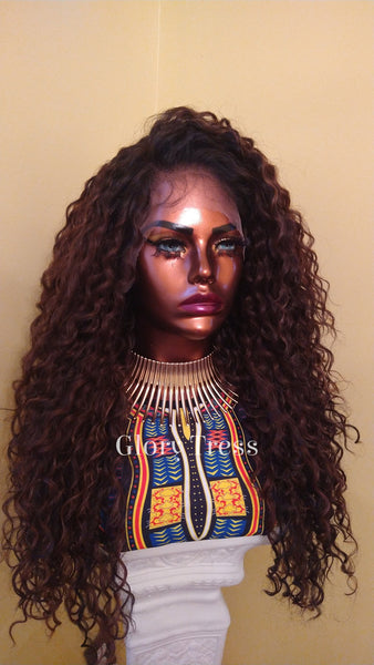 Curly Lace Front Wig | 13x 6 HD Lace Human Hair Blend Wig | African American Wig | Curly Ombre Brown Wig | Glory Tress -QUEEN JIN
