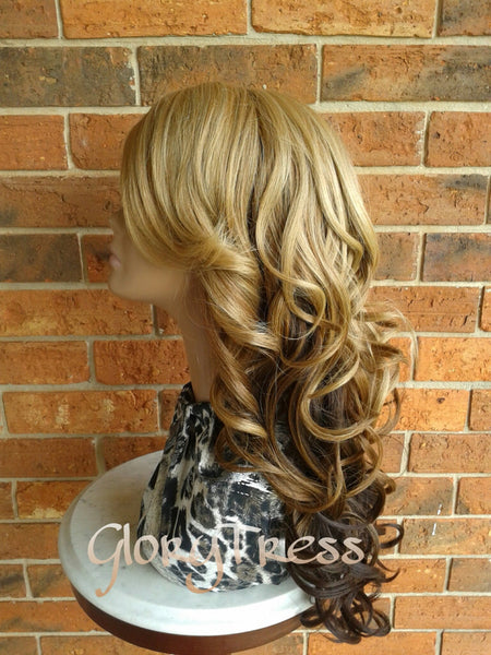CLEARANCE // Long & Curly Fullcap Wig, Ombre Golden Blonde Wig, Side Swoop Bangs //  HEAVEN (Free Shipping)