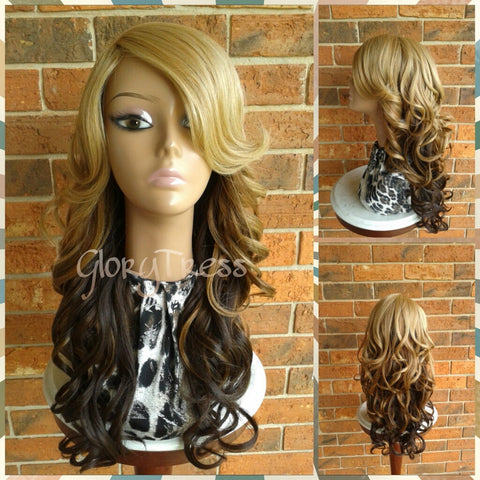 CLEARANCE // Long & Curly Fullcap Wig, Ombre Golden Blonde Wig, Side Swoop Bangs //  HEAVEN (Free Shipping)