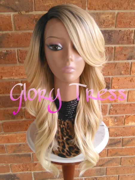 Long Silky Wavy Lace Front Wig, Glory Tress Ombre Golden Blonde Wig, Dark Rooted Bombshell Wig, On Sale // PURITY