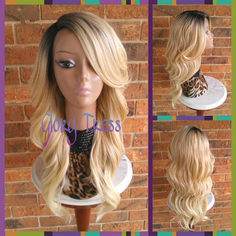 Long Silky Wavy Lace Front Wig, Glory Tress Ombre Golden Blonde Wig, Dark Rooted Bombshell Wig, On Sale // PURITY