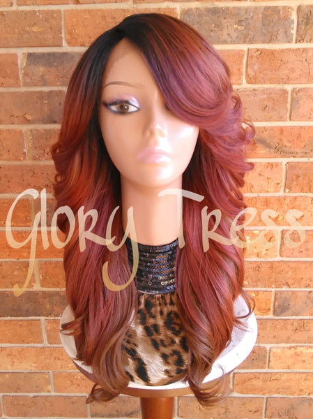 Long & Curly Lace Front Wig, Glory Tress Wigs, Ombre Copper Red Wig, Auburn Wig, Dark Rooted Bombshell Wig // SALVATION