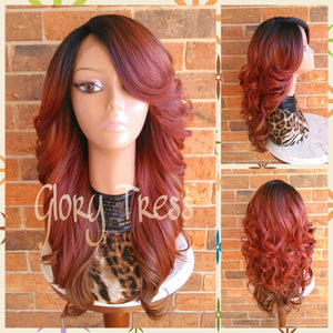 READY To SHIP // Long & Curly Lace Front Wig, Ombre Copper Red Wig, Auburn Wig, Dark Rooted Bombshell Wig // SALVATION (Free Shipping) - Glory Tress