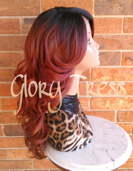 Long & Curly Lace Front Wig, Glory Tress Wigs, Ombre Copper Red Wig, Auburn Wig, Dark Rooted Bombshell Wig // SALVATION