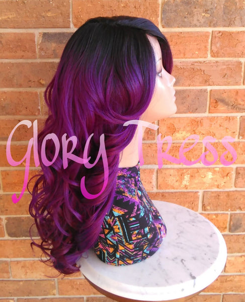 Long & Curly Lace Front Wig, Ombre Purple Wig, Dark Rooted Bombshell Wig // SALVATION (Free Shipping)
