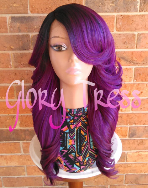 Long & Curly Lace Front Wig, Ombre Purple Wig, Dark Rooted Bombshell Wig // SALVATION (Free Shipping)