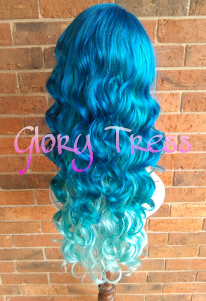 READY To SHIP // Long Brazilian Wavy Lace Front Wig, Ombre Blue Wig, Body Wave Wig,  Mermaid Wig// Ocean Waves (Free Shipping)
