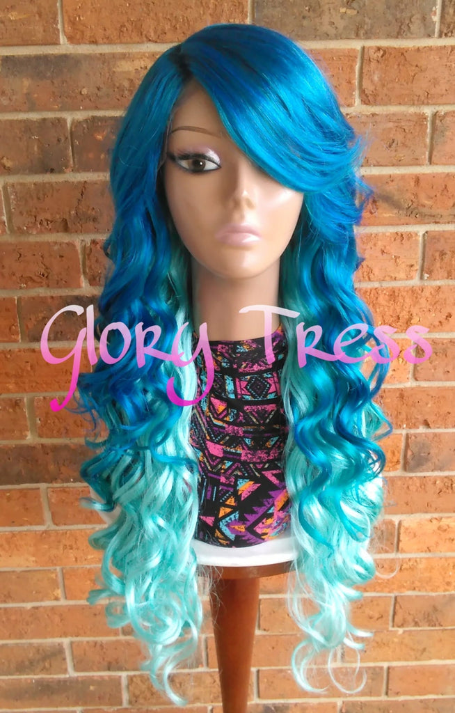  kalisa Blue Lace Front Wig Long Straight Ombre Blue