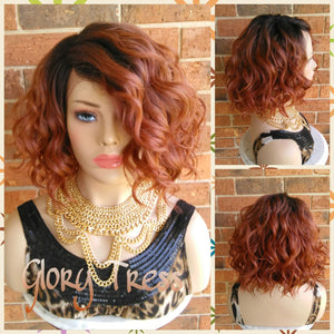 10" Wavy Lace Front Wig | Glory Tress | Short Wavy Bob Wig | 100% Human Hair Blend | Ombre Copper Red Wig | DELIGHT