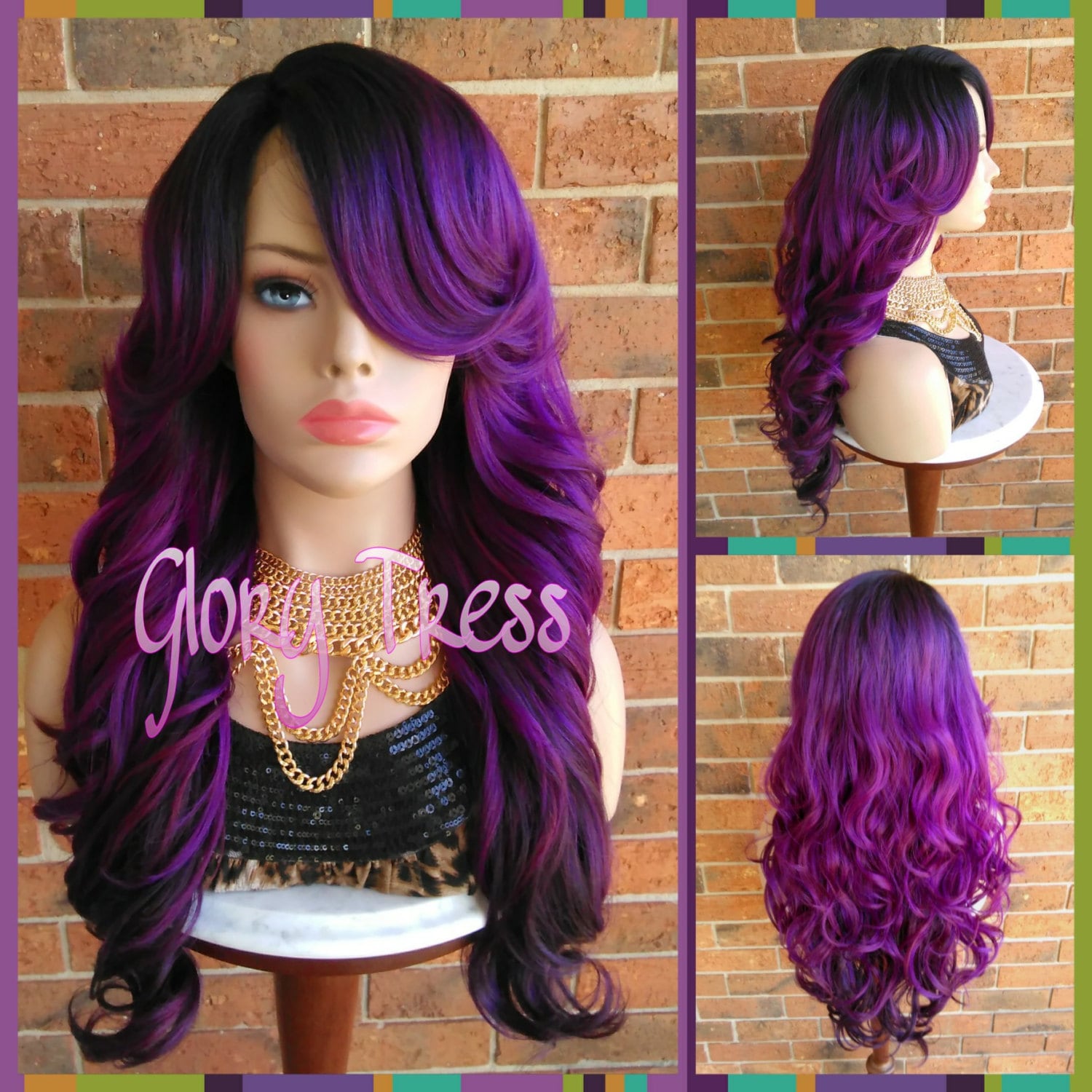 Curly Lace Front Wig, Glory Tress, Ombre Purple Wig, Dark Rooted Bombshell Wig // SALVATION