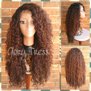 Long Kinky Curly Lace Front Wig, Ombre wig, Curly Brown Wig, Beach Curls, Wig With Baby Hair // RESTORE ( Free Shipping )