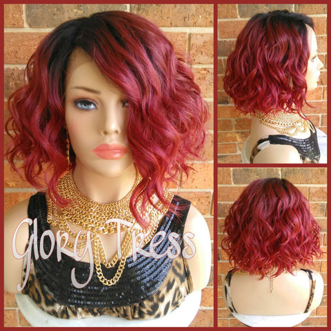 Wavy Bob Lace Front Wig, 100% Human Hair Blend, Ombre Red Wig // DELIGHT ( Free Shipping)